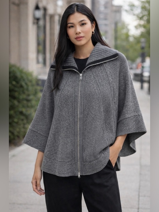 Cotton by Autumn Cashmere Sweaters - Cotton by Autumn Cashmere 100% Cotton Zip Up Poncho Sweater Charcoal Grey Small